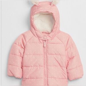 Baby GAP Girls pink white polka dot fleeced lined puffer coat with hood and ears